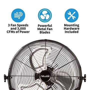 NewAir Wall Mounted High Velocity Fan | 18" Air Fan | Quiet High Velocity Blade Fan | 3 Speed Settin...