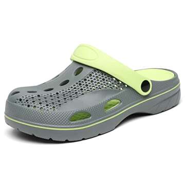 SOSOWHLTE Men's and Women's Arch Support Clogs Garden Shoes Slip-on Outdoor Beach Slippers with Removable Cushion Insole Grey and Green Size 9.5-10.5 Female,8-9 Male