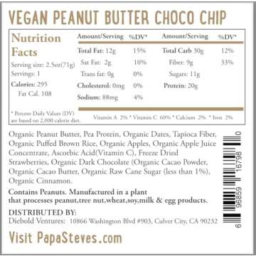 Papa Steve's No Junk Raw Protein Bars, Dairy Free Peanut Butter Choco Chip, 2.5 Oz, 10 Count