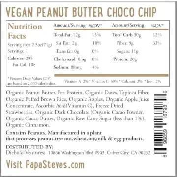 Papa Steve's No Junk Raw Protein Bars, Dairy Free Peanut Butter Choco Chip, 2.5 Oz, 10 Count