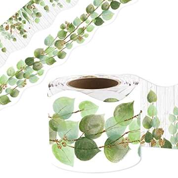 Eucalyptus Die-Cut Border Trim 36ft Per Roll Two Sided Printed Leaves Border Farmhouse Classroom Dec...
