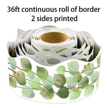 Eucalyptus Die-Cut Border Trim 36ft Per Roll Two Sided Printed Leaves Border Farmhouse Classroom Decor Back to School Eucalyptus Classroom Decoration