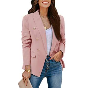 CRAZY GRID Womens Double Breasted Blazer Jackets Open Front Business Casual Suit Jacket Lapel Gold Button Long Sleeve Dressy Blazer Ladies Work Office Blazer Plus Size Pink XX-Large