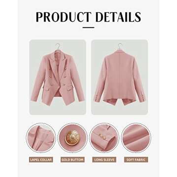 CRAZY GRID Womens Double Breasted Blazer Jackets Open Front Business Casual Suit Jacket Lapel Gold Button Long Sleeve Dressy Blazer Ladies Work Office Blazer Plus Size Pink XX-Large