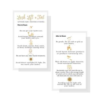 Boutique Marketing LLC Lash Lift + Tint Aftercare Instruction Cards | 50 Pack | 2x3.5” inches Business Card Size | Eyelash Lift and Tint Kit at Home DIY | White with Non-Metallic Gold Color Design
