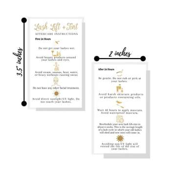 Boutique Marketing LLC Lash Lift + Tint Aftercare Instruction Cards | 50 Pack | 2x3.5” inches Business Card Size | Eyelash Lift and Tint Kit at Home DIY | White with Non-Metallic Gold Color Design