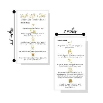 Boutique Marketing LLC Lash Lift + Tint Aftercare Instruction Cards | 50 Pack | 2x3.5” inches Business Card Size | Eyelash Lift and Tint Kit at Home DIY | White with Non-Metallic Gold Color Design