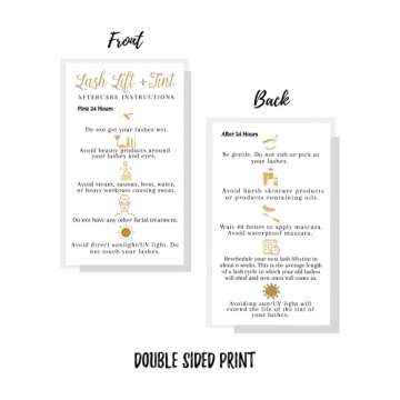 Boutique Marketing LLC Lash Lift + Tint Aftercare Instruction Cards | 50 Pack | 2x3.5” inches Business Card Size | Eyelash Lift and Tint Kit at Home DIY | White with Non-Metallic Gold Color Design