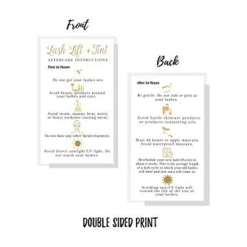 Boutique Marketing LLC Lash Lift + Tint Aftercare Instruction Cards | 50 Pack | 2x3.5” inches Business Card Size | Eyelash Lift and Tint Kit at Home DIY | White with Non-Metallic Gold Color Design
