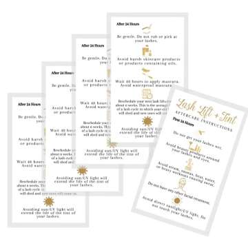 Boutique Marketing LLC Lash Lift + Tint Aftercare Instruction Cards | 50 Pack | 2x3.5” inches Business Card Size | Eyelash Lift and Tint Kit at Home DIY | White with Non-Metallic Gold Color Design