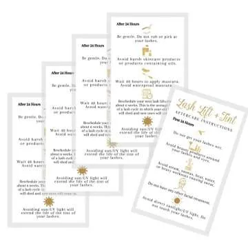 Boutique Marketing LLC Lash Lift + Tint Aftercare Instruction Cards | 50 Pack | 2x3.5” inches Business Card Size | Eyelash Lift and Tint Kit at Home DIY | White with Non-Metallic Gold Color Design