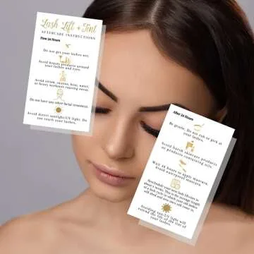 Boutique Marketing LLC Lash Lift + Tint Aftercare Instruction Cards | 50 Pack | 2x3.5” inches Business Card Size | Eyelash Lift and Tint Kit at Home DIY | White with Non-Metallic Gold Color Design
