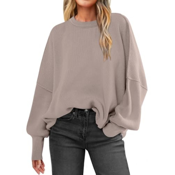 ANRABESS Women Crewneck Batwing Long Sleeve 2024 Fall Oversized Side Slit Ribbed Knit Pullover Sweat...