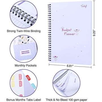 Monthly Budget Planner Book (Undated) with 12 Pockets for Income, Debt, Saving, Expense and Bill Tracker Organizer, Purple, Spiral Design