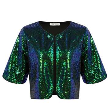 Kate Kasin Women's Sequin Jackets Short Flared Sleeve Sparkly Shrug Open Front Glitter Cropped Bolero Cardigans Dark Green L