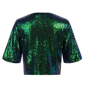 Kate Kasin Women's Sequin Jackets Short Flared Sleeve Sparkly Shrug Open Front Glitter Cropped Bolero Cardigans Dark Green L