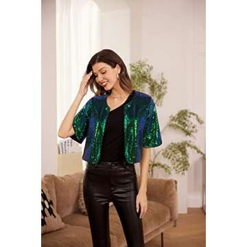 Kate Kasin Women's Sequin Jackets Short Flared Sleeve Sparkly Shrug Open Front Glitter Cropped Bolero Cardigans Dark Green L