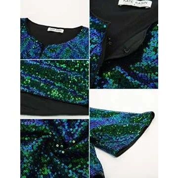 Kate Kasin Women's Sequin Jackets Short Flared Sleeve Sparkly Shrug Open Front Glitter Cropped Bolero Cardigans Dark Green L