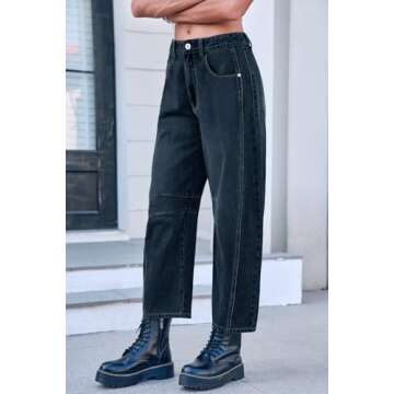 GREAIDEA Mid Rise Barrel Jeans for Women Wide Leg Mid Waist Cropped Denim Pants Y2k Baggy Boyfriend Jeans with Pockets Indigo