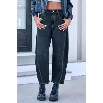 GREAIDEA Mid Rise Barrel Jeans for Women Wide Leg Mid Waist Cropped Denim Pants Y2k Baggy Boyfriend Jeans with Pockets Indigo