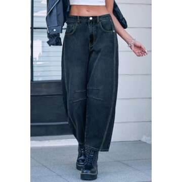 GREAIDEA Mid Rise Barrel Jeans for Women Wide Leg Mid Waist Cropped Denim Pants Y2k Baggy Boyfriend Jeans with Pockets Indigo