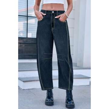 GREAIDEA Mid Rise Barrel Jeans for Women Wide Leg Mid Waist Cropped Denim Pants Y2k Baggy Boyfriend Jeans with Pockets Indigo