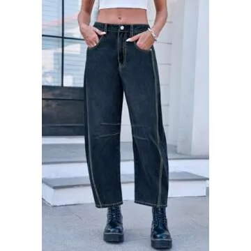 GREAIDEA Mid Rise Barrel Jeans for Women Wide Leg Mid Waist Cropped Denim Pants Y2k Baggy Boyfriend Jeans with Pockets Indigo