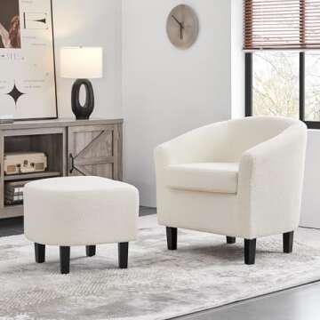 Yaheetech Accent Chair and Ottoman Set, Modern Fuzzy Sherpa Barrel Chair and Footrest, Comfy Boucle Armchair and Footstool for Living Room/Bedroom/Reading Room/Guestroom, Ivory
