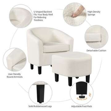 Yaheetech Accent Chair and Ottoman Set, Modern Fuzzy Sherpa Barrel Chair and Footrest, Comfy Boucle Armchair and Footstool for Living Room/Bedroom/Reading Room/Guestroom, Ivory