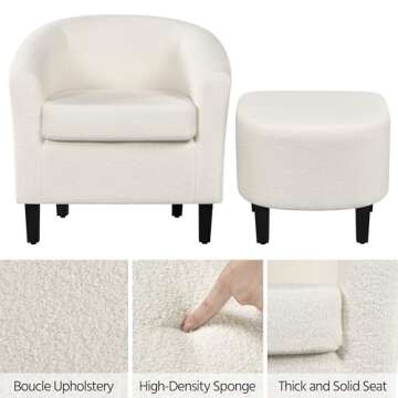 Yaheetech Accent Chair and Ottoman Set, Modern Fuzzy Sherpa Barrel Chair and Footrest, Comfy Boucle Armchair and Footstool for Living Room/Bedroom/Reading Room/Guestroom, Ivory