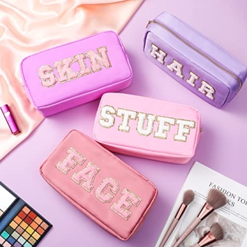 Cunno 4 Pcs Preppy Makeup Bag Chenille Letter Stuff Bag Nylon Cosmetic Bag Makeup Bag Toiletry Cosmetic Case with Zipper Makeup Pouch Christmas Gift for Women Travel(Mixed Colors,Vivid)