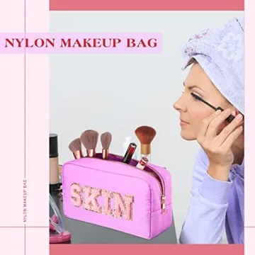 Cunno 4 Pcs Preppy Makeup Bag Chenille Letter Stuff Bag Nylon Cosmetic Bag Makeup Bag Toiletry Cosmetic Case with Zipper Makeup Pouch Christmas Gift for Women Travel(Mixed Colors,Vivid)