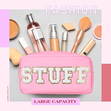 Cunno 4 Pcs Preppy Makeup Bag Chenille Letter Stuff Bag Nylon Cosmetic Bag Makeup Bag Toiletry Cosmetic Case with Zipper Makeup Pouch Christmas Gift for Women Travel(Mixed Colors,Vivid)