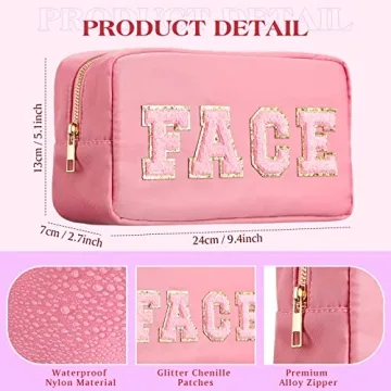 Cunno 4 Pcs Preppy Makeup Bag Chenille Letter Stuff Bag Nylon Cosmetic Bag Makeup Bag Toiletry Cosmetic Case with Zipper Makeup Pouch Christmas Gift for Women Travel(Mixed Colors,Vivid)