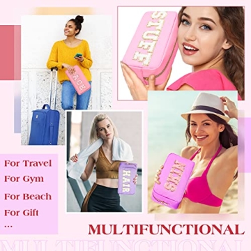 Cunno 4 Pcs Preppy Makeup Bag Chenille Letter Stuff Bag Nylon Cosmetic Bag Makeup Bag Toiletry Cosmetic Case with Zipper Makeup Pouch Christmas Gift for Women Travel(Mixed Colors,Vivid)