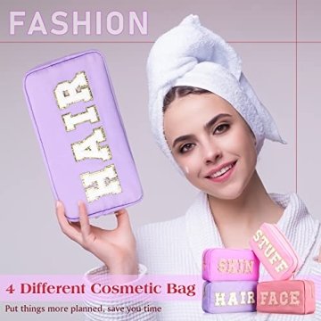 Cunno 4 Pcs Preppy Makeup Bag Chenille Letter Stuff Bag Nylon Cosmetic Bag Makeup Bag Toiletry Cosmetic Case with Zipper Makeup Pouch Christmas Gift for Women Travel(Mixed Colors,Vivid)