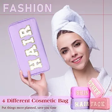 Cunno 4 Pcs Preppy Makeup Bag Chenille Letter Stuff Bag Nylon Cosmetic Bag Makeup Bag Toiletry Cosmetic Case with Zipper Makeup Pouch Christmas Gift for Women Travel(Mixed Colors,Vivid)