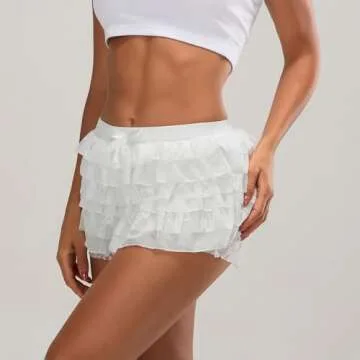 NUFIWI Women Lolita Bloomers White Ruffle Shorts Cute Lace Pumpkin Pants Sexy Boyshorts Layered Bottoms Y2k Fairy Sweet Pettipants(F White,S)