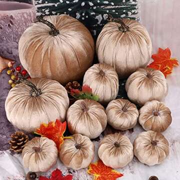 Gresorth 12pcs Large Artificial Velvet Pumpkins Fake Handmade Fall Harvest Centerpiece Decoration for Home Kitchen Farmhouse Halloween Thanksgiving Wedding - Champagne