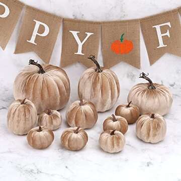 Gresorth 12pcs Large Artificial Velvet Pumpkins Fake Handmade Fall Harvest Centerpiece Decoration for Home Kitchen Farmhouse Halloween Thanksgiving Wedding - Champagne