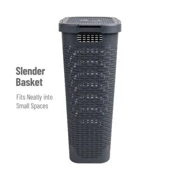 Mind Reader 40L Slim Laundry Hamper, Clothes Basket, Lid, Wicker Design, Plastic, 18"L x 10.4"W x 23.5"H, Gray