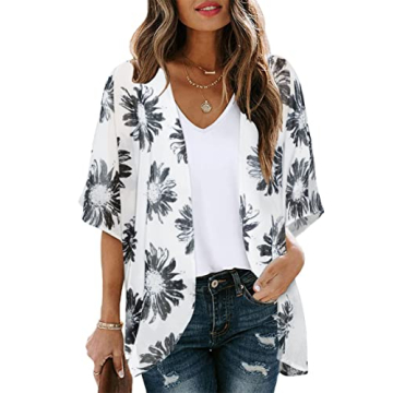 Women Daisy Kimono Cardigan Sheer Beach Coverup Chiffon Loose Casual Open Front Tops (Dasiy WhiteM)