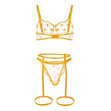 Women Lingerie Set Floral Lace Teddy Strap Chain Babydoll Bodysuit Bra and Panty Set with Garter Bel...