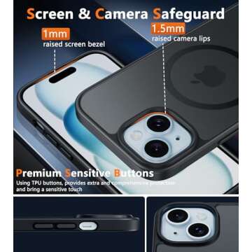 FNTCASE for iPhone 15 Case Matte: for iPhone 14 Case Magnetic Frosted Translucent Slim Shockproof Cell Phone Cover | Military Grade Protection Drop Proof Tough Protective Cases - Black