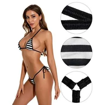 Oneheekini Women Sexy Halterneck Tiny Mini Micro Bra Charming Bikini G String Bottom Beachwear 2 Pieces (Print Stripe Black)