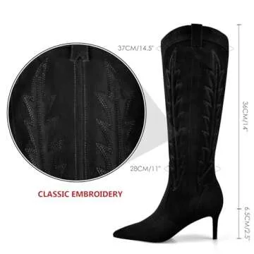 MIRAAZZURRA Black Cowboy Boots Western Cowgirl Boots Embroidered Pointed Toe Kitten Heel Suede Boots Knee High Boots for Women Size 7