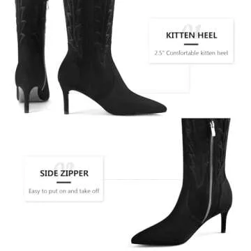 MIRAAZZURRA Black Cowboy Boots Western Cowgirl Boots Embroidered Pointed Toe Kitten Heel Suede Boots Knee High Boots for Women Size 7