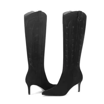 MIRAAZZURRA Black Cowboy Boots Western Cowgirl Boots Embroidered Pointed Toe Kitten Heel Suede Boots Knee High Boots for Women Size 7