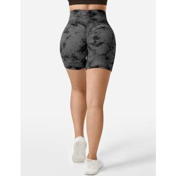 QOQ Womens Tie Dye Workout Biker Shorts Yoga Scrunch Booty High Waisted Tummy Control Athletic Short Leggings Black Grey M