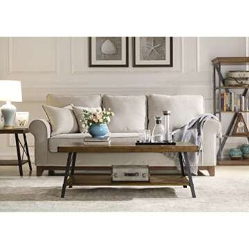 Emerald Home Furnishings Chandler Rustic Industrial Solid Wood and Steel Coffee Table with Open Shel...